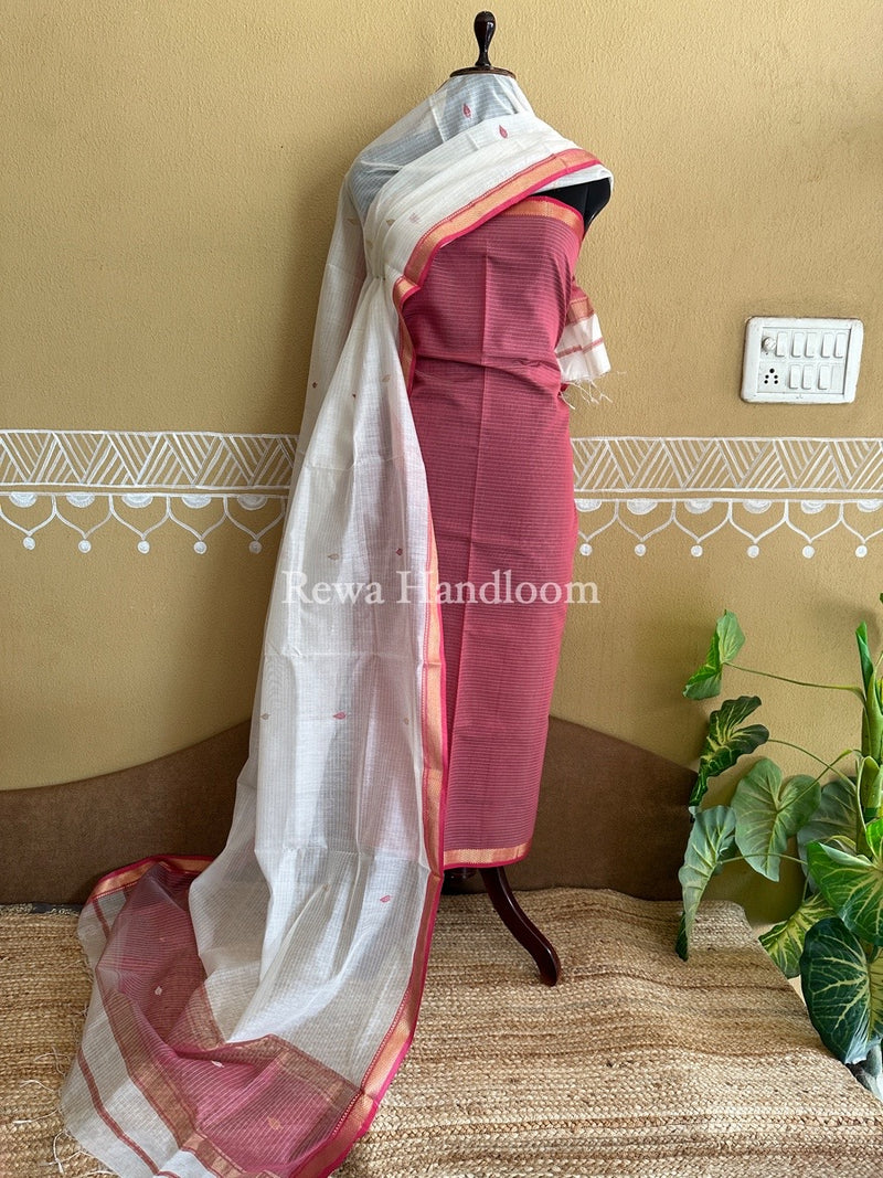 Maheshwari Onion-White Motifs Top-Dupatta Set PST0101