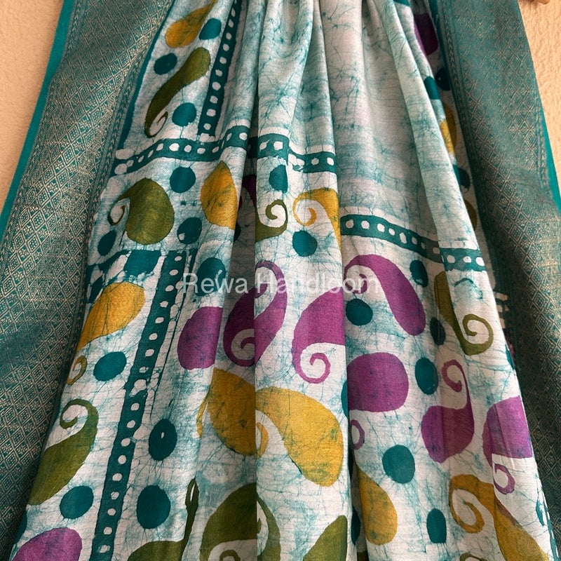 Maheshwari Rama Green Batik Indonesian Print Saree MBSS01