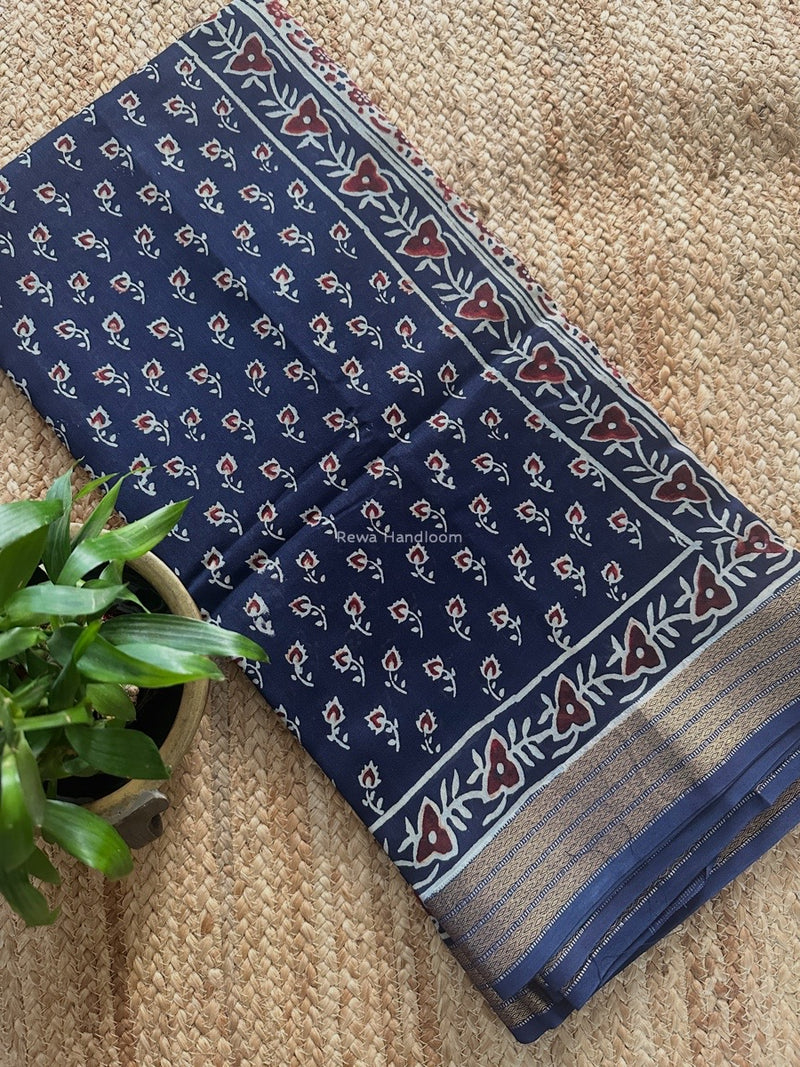 Maheshwari Blue Bagh Print Small Border Saree MTBS110