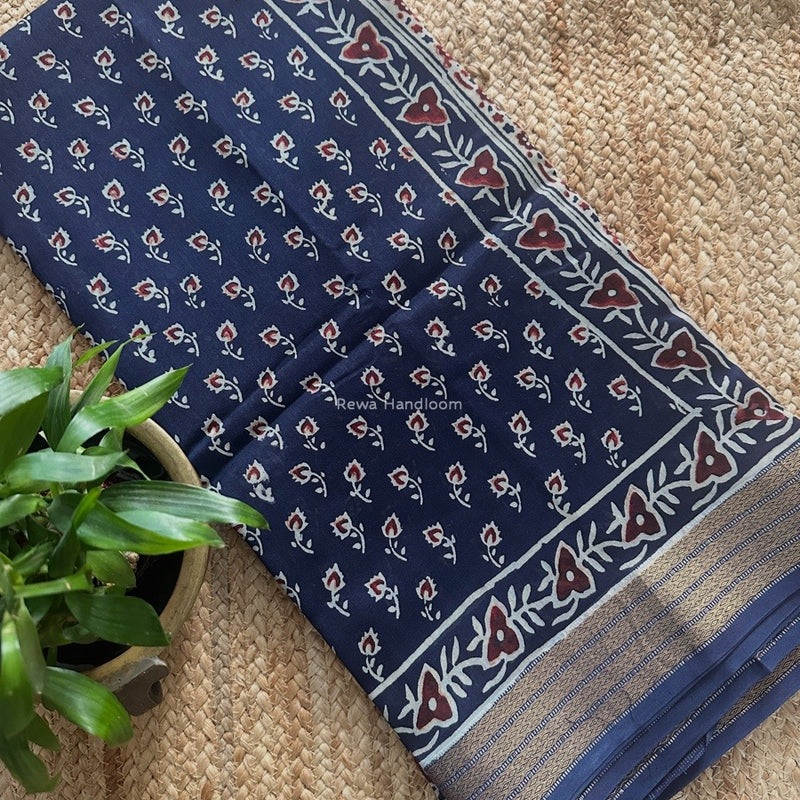 Maheshwari Blue Bagh Print Small Border Saree MTBS110