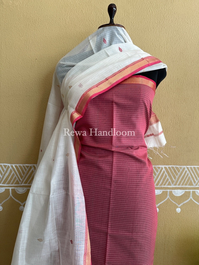 Maheshwari Onion-White Motifs Top-Dupatta Set PST0101
