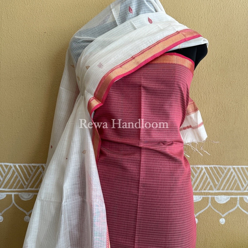 Maheshwari Onion-White Motifs Top-Dupatta Set PST0101