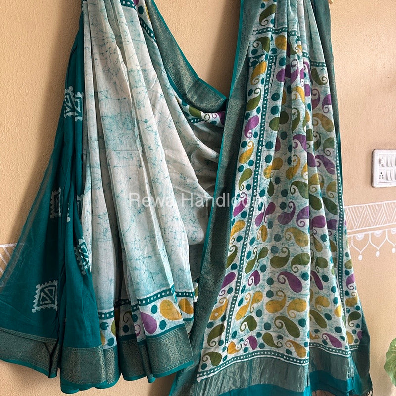 Maheshwari Rama Green Batik Indonesian Print Saree MBSS01