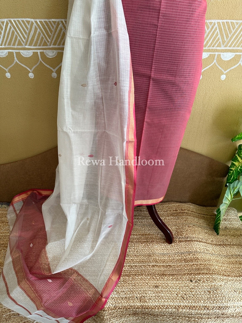 Maheshwari Onion-White Motifs Top-Dupatta Set PST0101