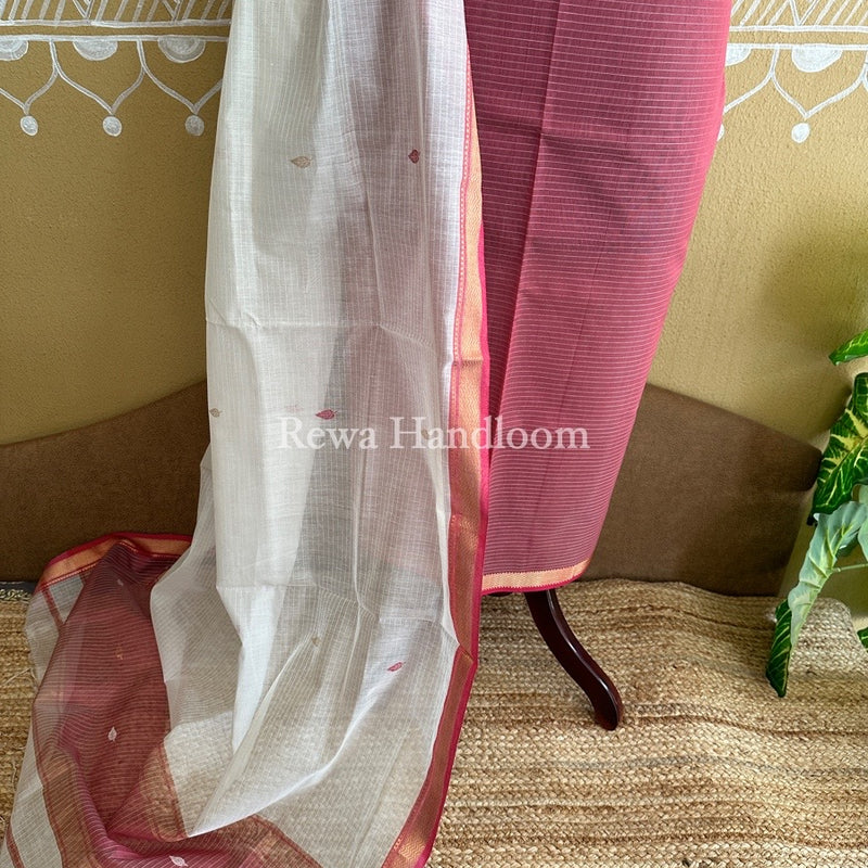 Maheshwari Onion-White Motifs Top-Dupatta Set PST0101
