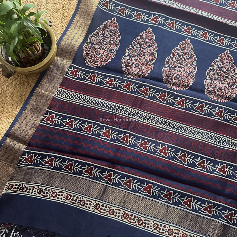 Maheshwari Blue Bagh Print Small Border Saree MTBS110