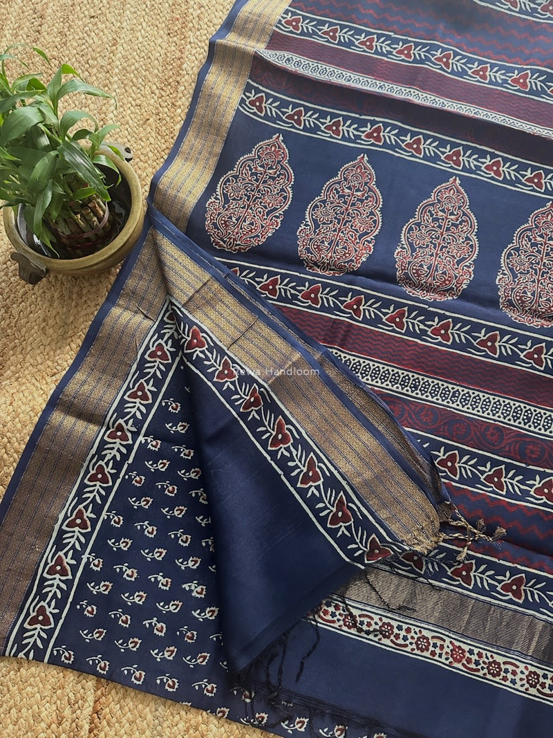 Maheshwari Blue Bagh Print Small Border Saree MTBS110