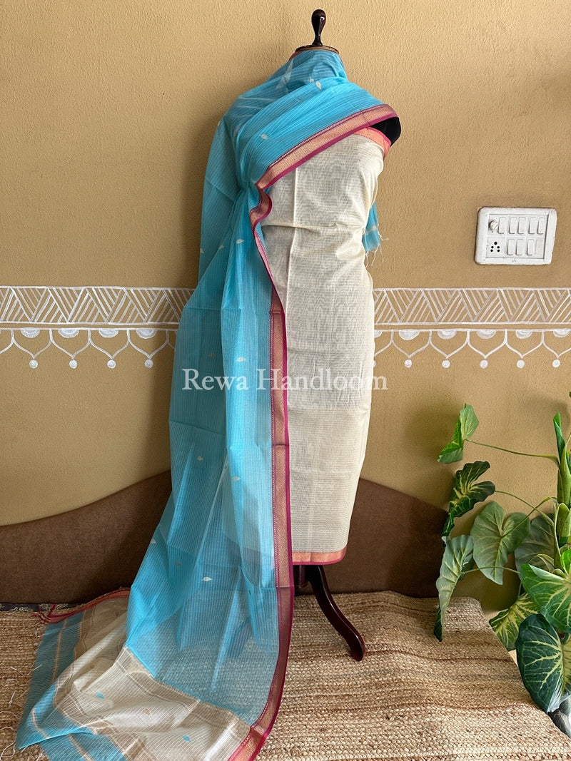 Maheshwari Cream-Sky Blue Motifs Top-Dupatta Set PST0102