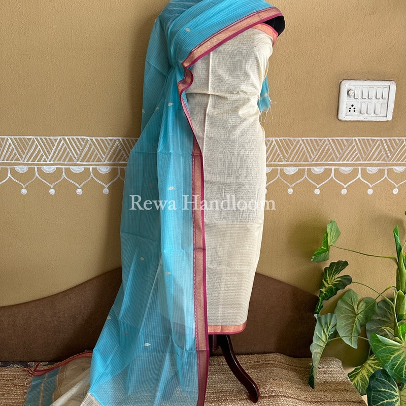 Maheshwari Cream-Sky Blue Motifs Top-Dupatta Set PST0102