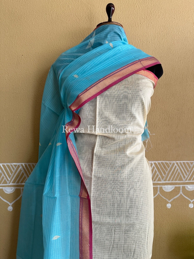 Maheshwari Cream-Sky Blue Motifs Top-Dupatta Set PST0102