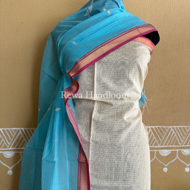 Maheshwari Cream-Sky Blue Motifs Top-Dupatta Set PST0102