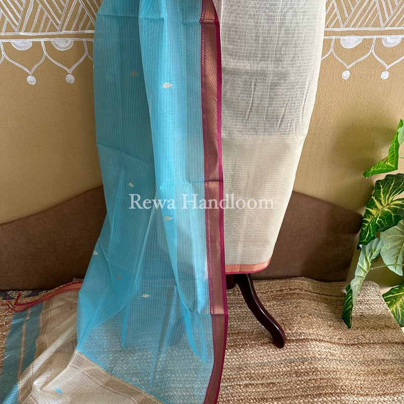 Maheshwari Cream-Sky Blue Motifs Top-Dupatta Set PST0102