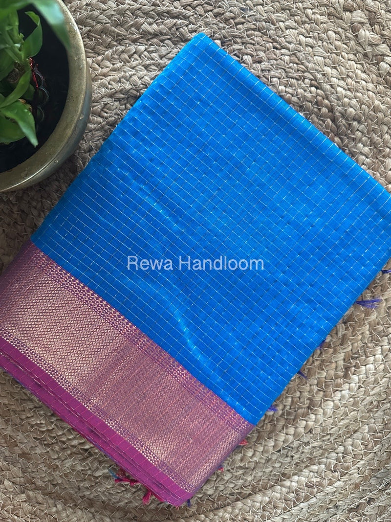 Maheshwari Blue Zari Checks Saree ZCHX256