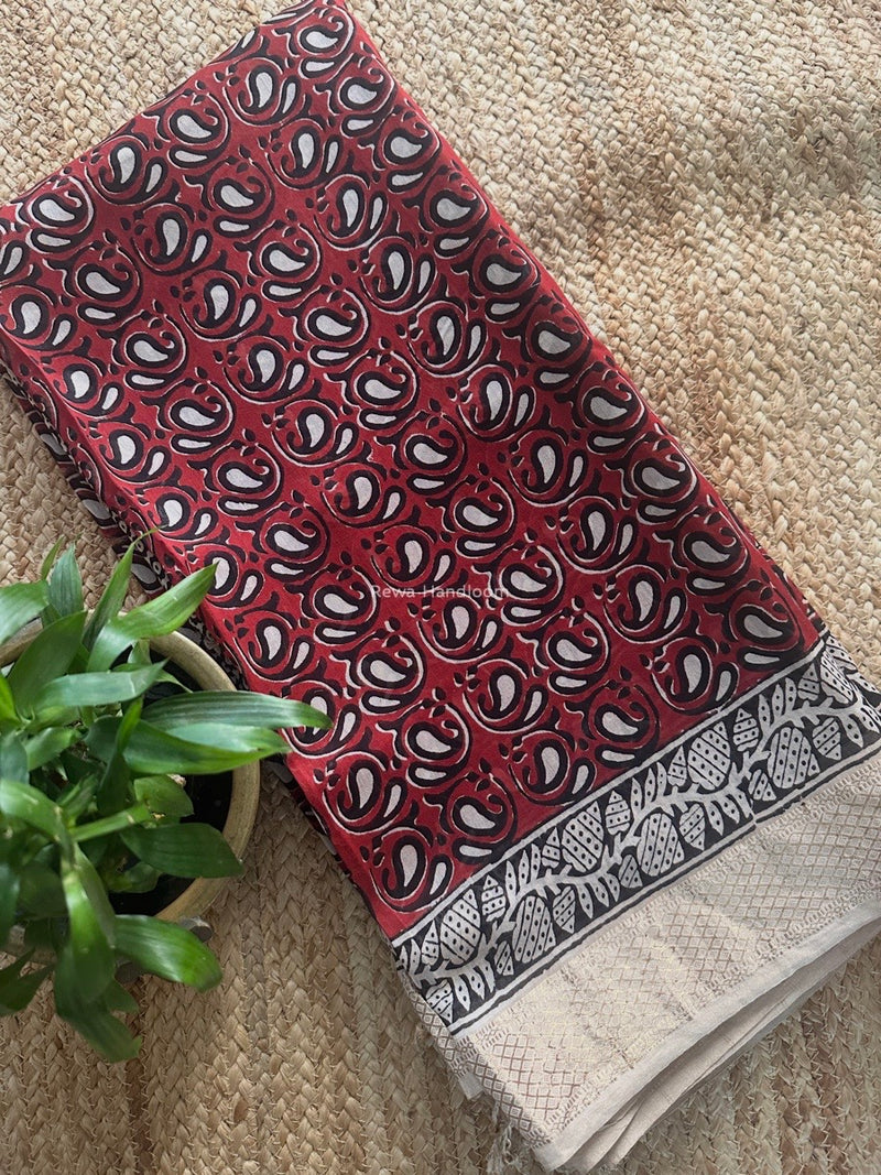 Maheshwari Maroon Bagh Print Small Border Saree MTBS108