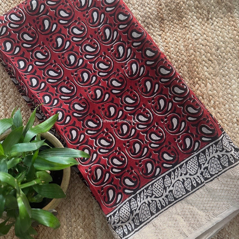 Maheshwari Maroon Bagh Print Small Border Saree MTBS108