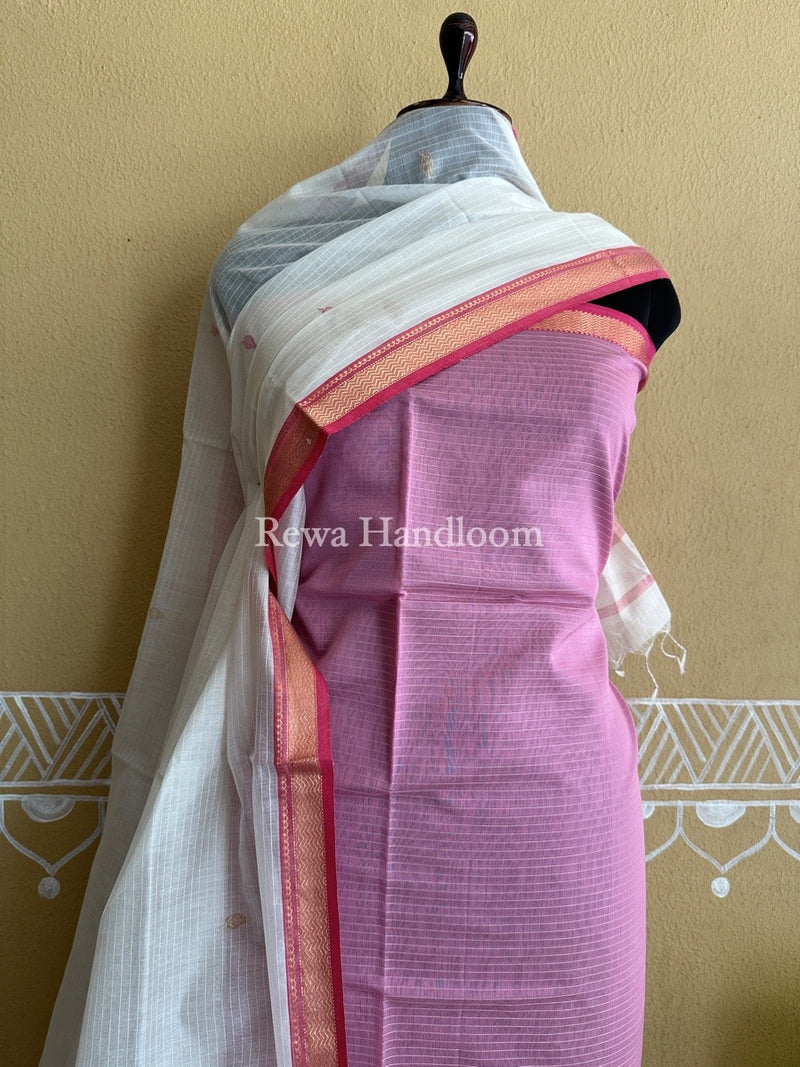 Maheshwari Onion Pink-White Motifs Top-Dupatta Set PST0103