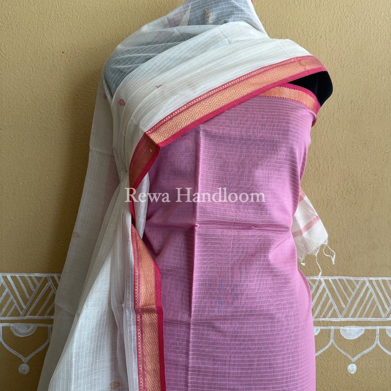 Maheshwari Onion Pink-White Motifs Top-Dupatta Set PST0103
