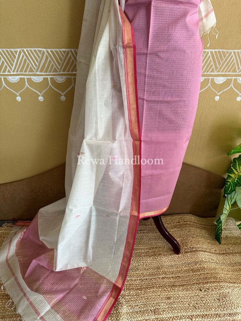 Maheshwari Onion Pink-White Motifs Top-Dupatta Set PST0103
