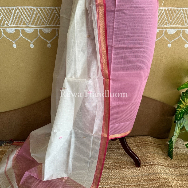Maheshwari Onion Pink-White Motifs Top-Dupatta Set PST0103