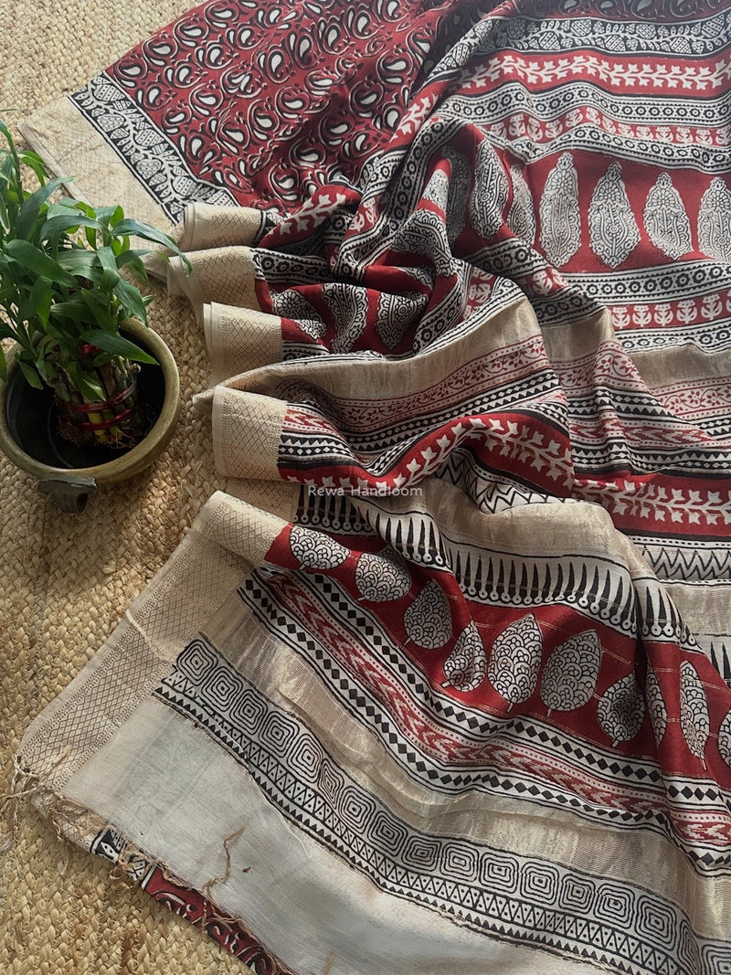 Maheshwari Maroon Bagh Print Small Border Saree MTBS108