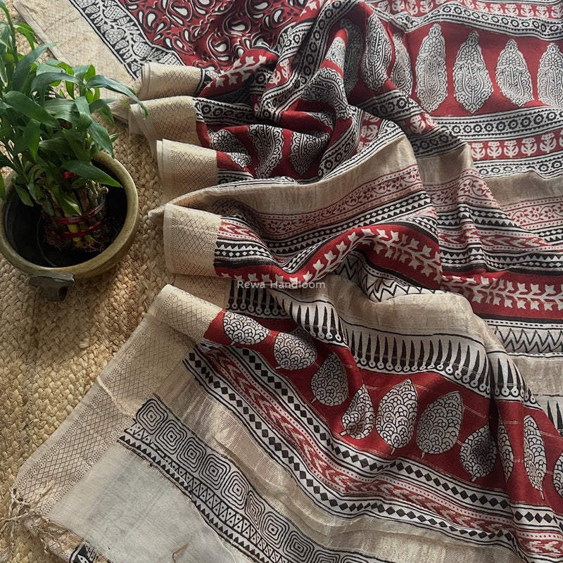 Maheshwari Maroon Bagh Print Small Border Saree MTBS108