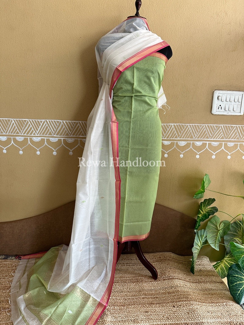 Maheshwari Pista Green-White Motifs Top-Dupatta Set PST0104