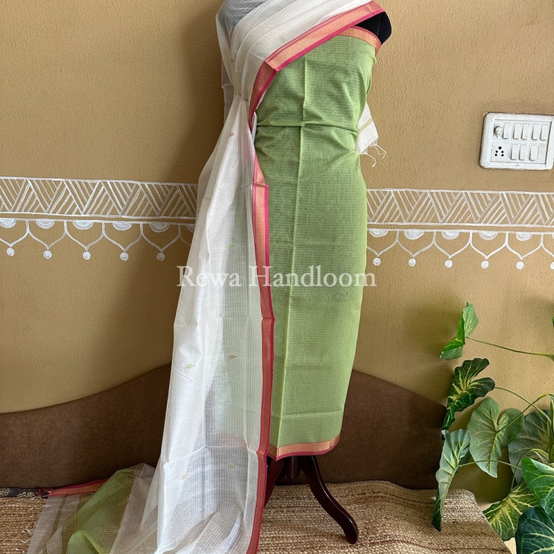 Maheshwari Pista Green-White Motifs Top-Dupatta Set PST0104