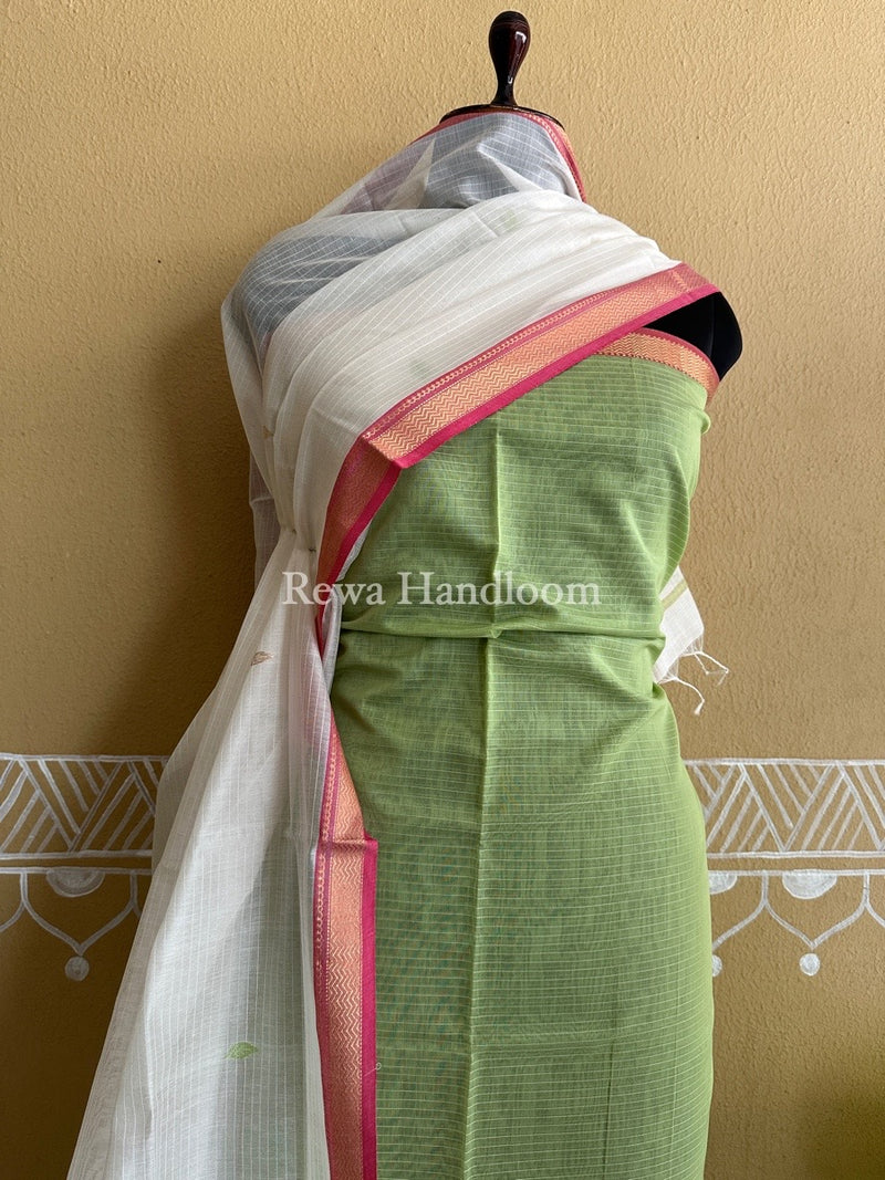 Maheshwari Pista Green-White Motifs Top-Dupatta Set PST0104