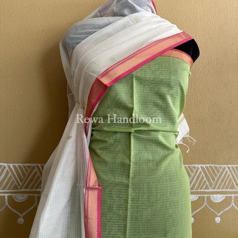 Maheshwari Pista Green-White Motifs Top-Dupatta Set PST0104