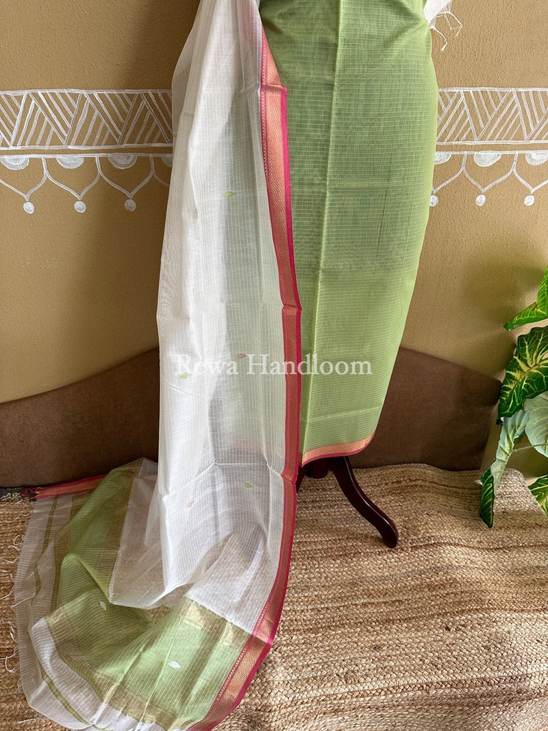 Maheshwari Pista Green-White Motifs Top-Dupatta Set PST0104