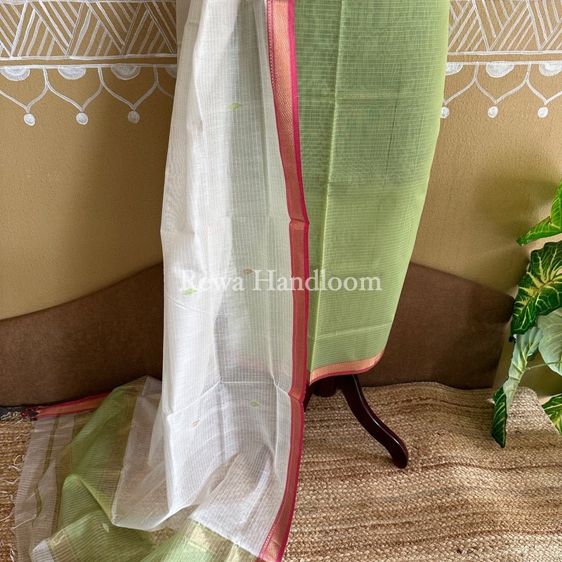 Maheshwari Pista Green-White Motifs Top-Dupatta Set PST0104