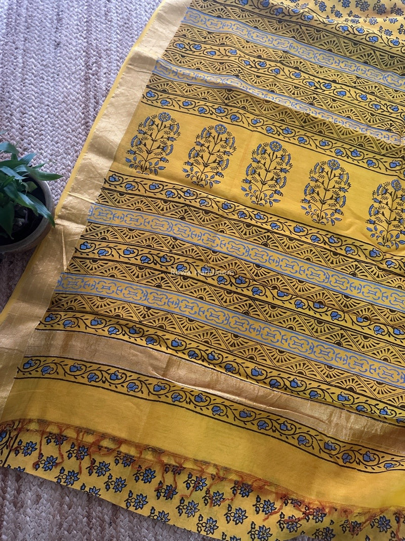 Maheshwari Yellow Bagh Print Small Border Saree MTBS102