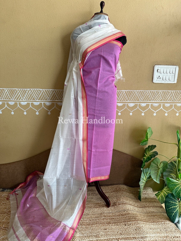 Maheshwari Lavender-White Motifs Top-Dupatta Set PST0108