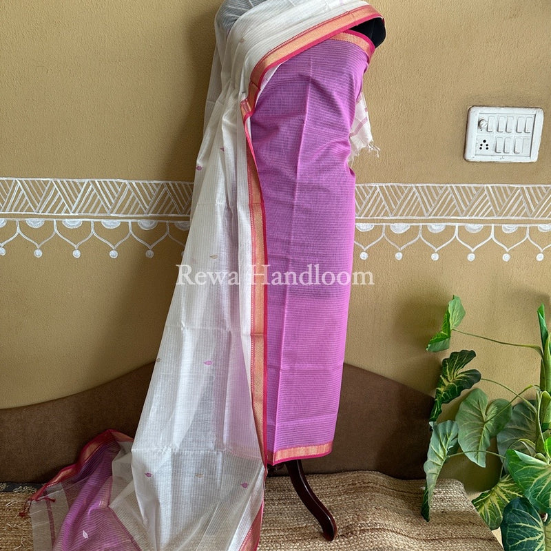 Maheshwari Lavender-White Motifs Top-Dupatta Set PST0108