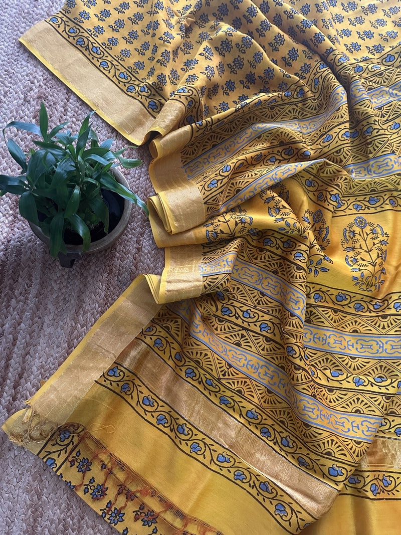 Maheshwari Yellow Bagh Print Small Border Saree MTBS102
