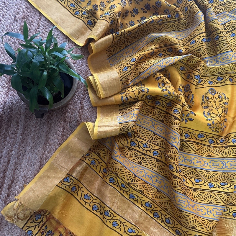Maheshwari Yellow Bagh Print Small Border Saree MTBS121