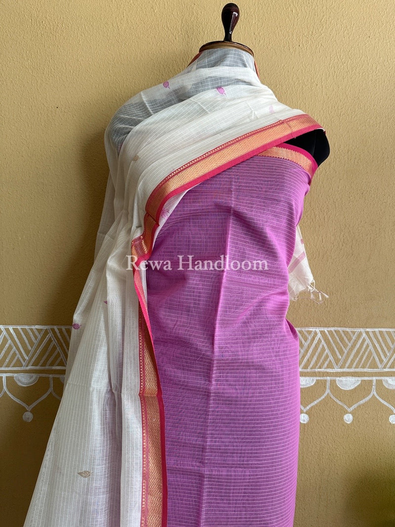 Maheshwari Lavender-White Motifs Top-Dupatta Set PST0108