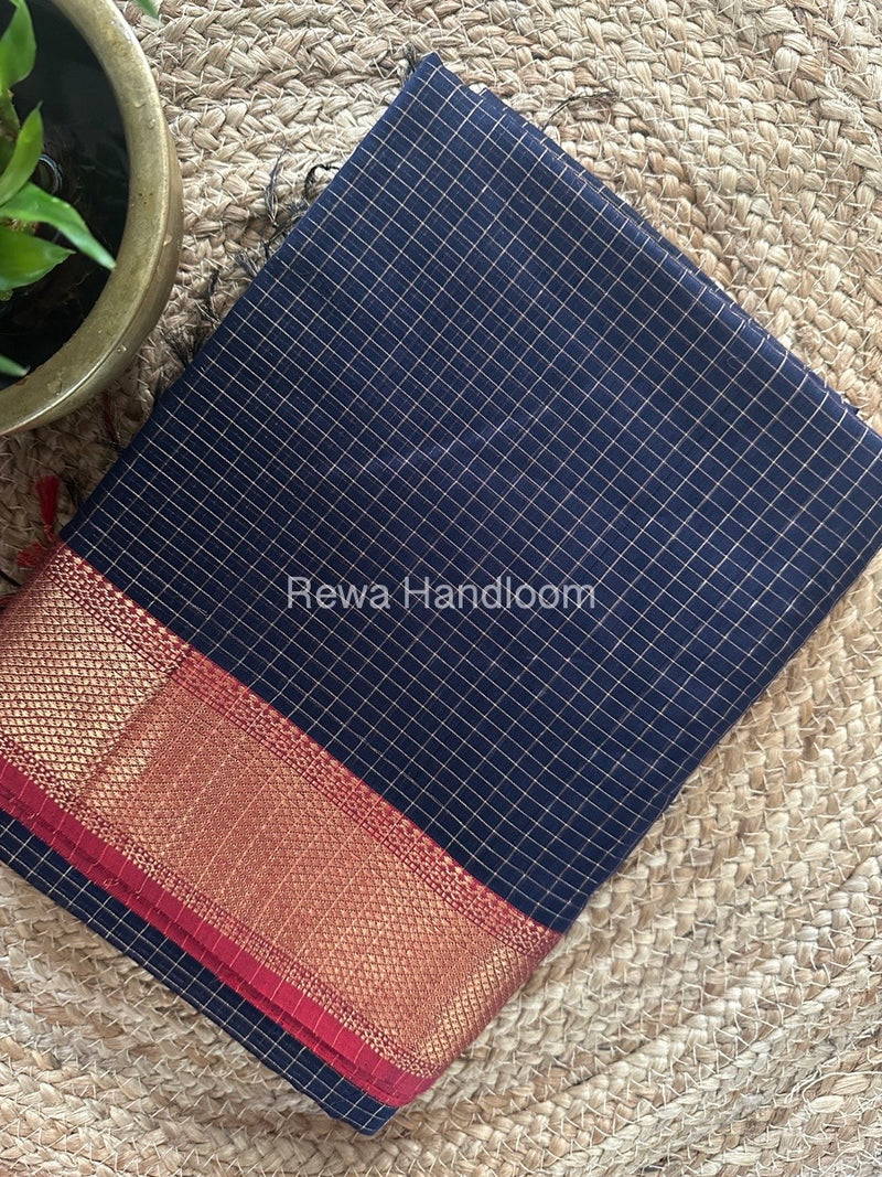 Maheshwari Ink Blue Zari Checks Saree ZCHX261