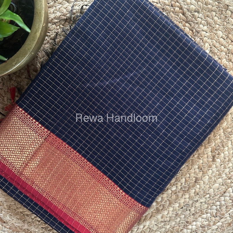 Maheshwari Ink Blue Zari Checks Saree ZCHX261