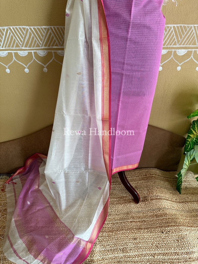Maheshwari Lavender-White Motifs Top-Dupatta Set PST0108