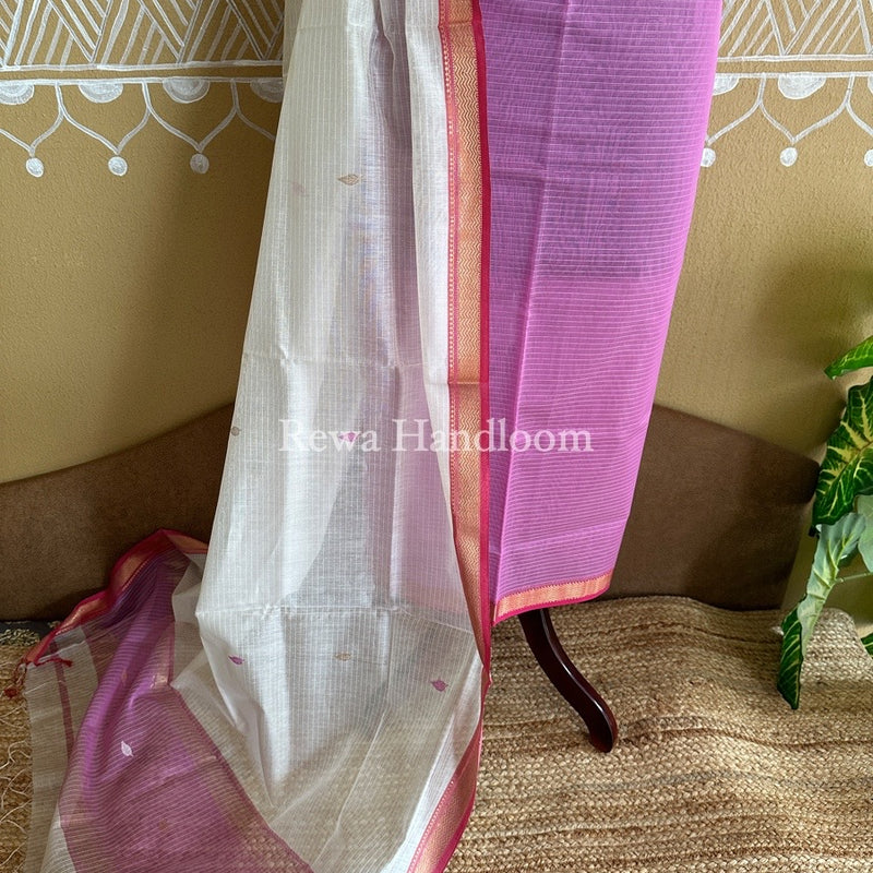 Maheshwari Lavender-White Motifs Top-Dupatta Set PST0108