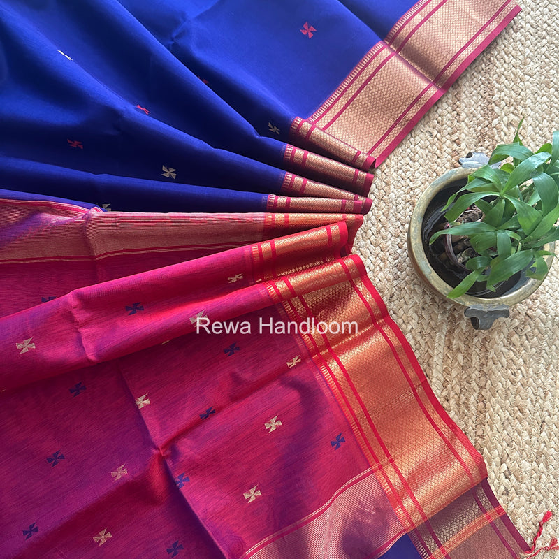 Maheshwari Blue Swastika Butti Saree SW062
