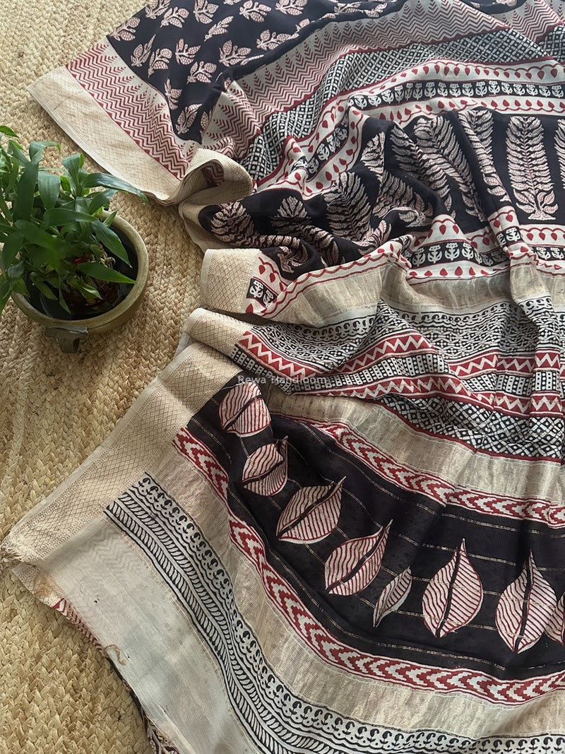 Maheshwari Black Bagh Print Small Border Saree MTBS100