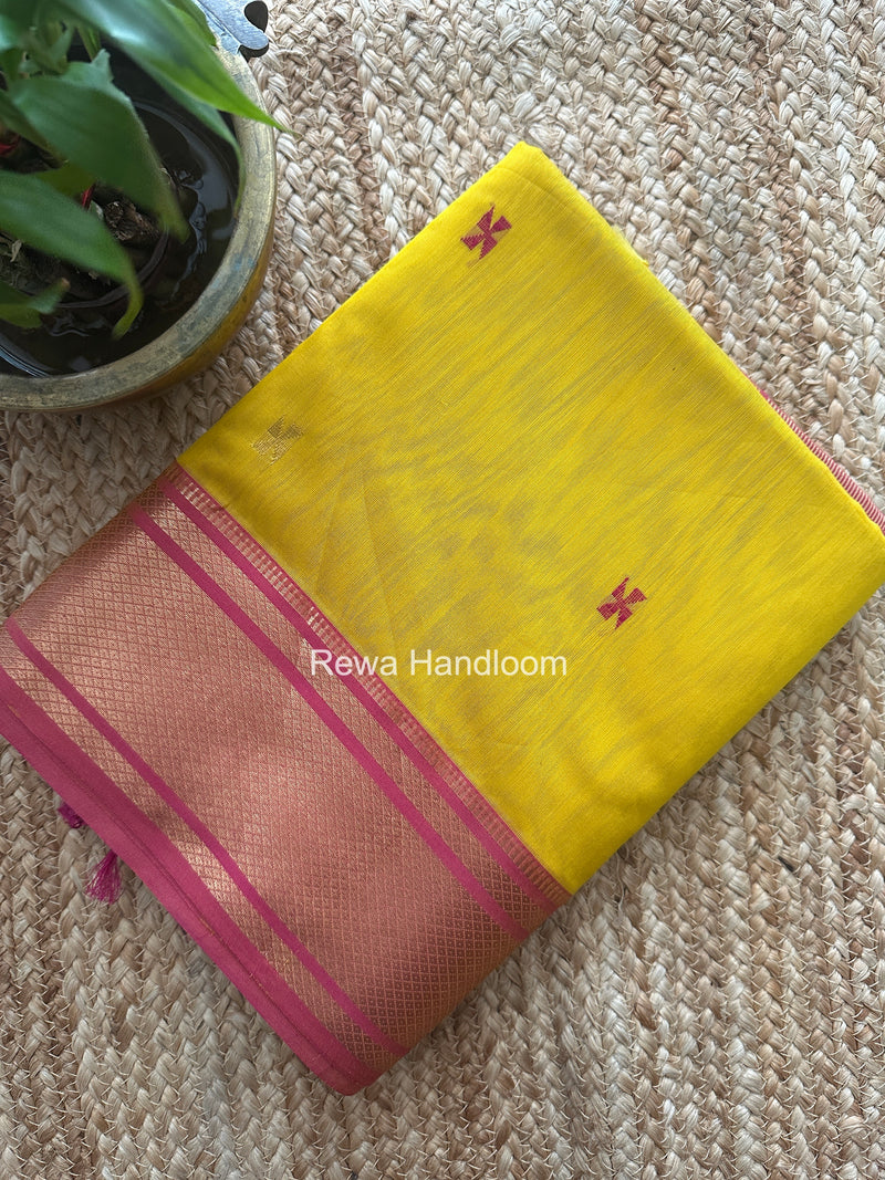 Maheshwari Turmeric Yellow Swastika Butti Saree SW064