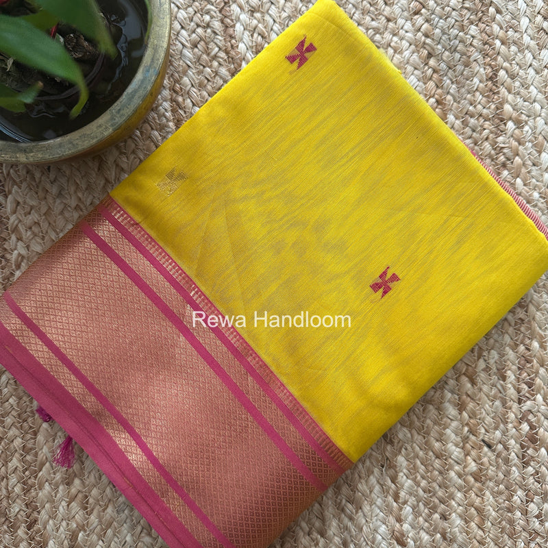 Maheshwari Turmeric Yellow Swastika Butti Saree SW064