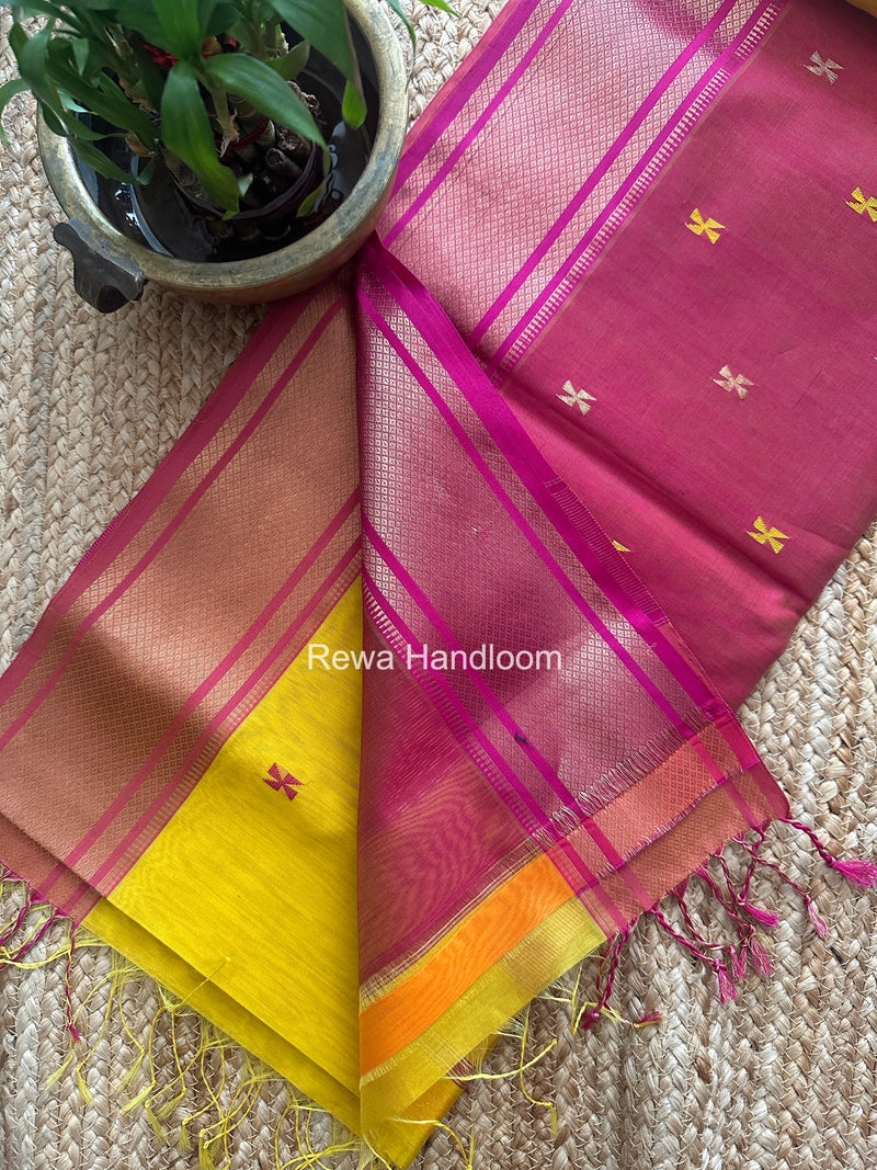 Maheshwari Turmeric Yellow Swastika Butti Saree SW064