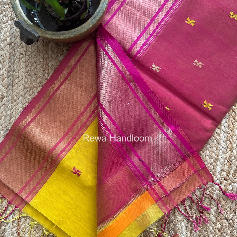 Maheshwari Turmeric Yellow Swastika Butti Saree SW064