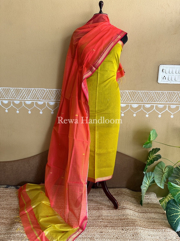 Maheshwari Mustard Yellow-Fuchsia pink Motifs Top-Dupatta Set PST0109