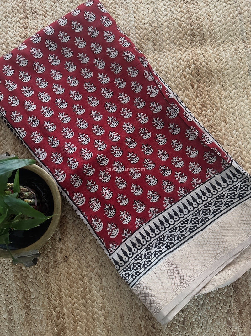 Maheshwari Maroon Bagh Print Small Border Saree MTBS101