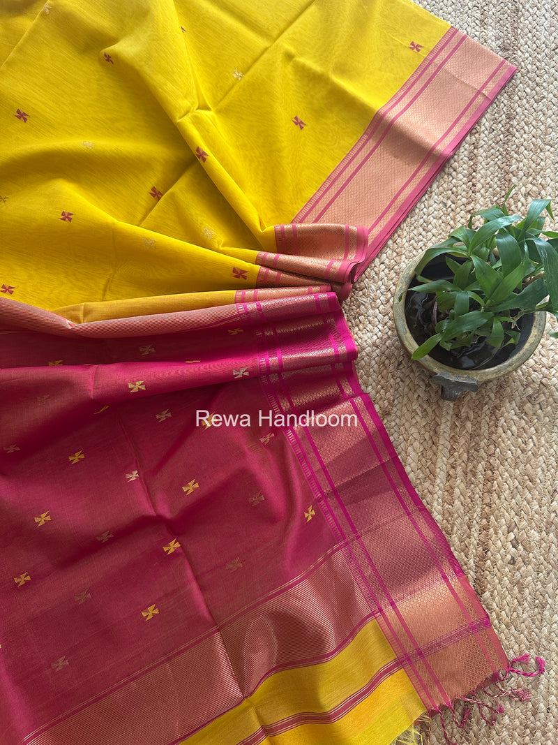 Maheshwari Turmeric Yellow Swastika Butti Saree SW064